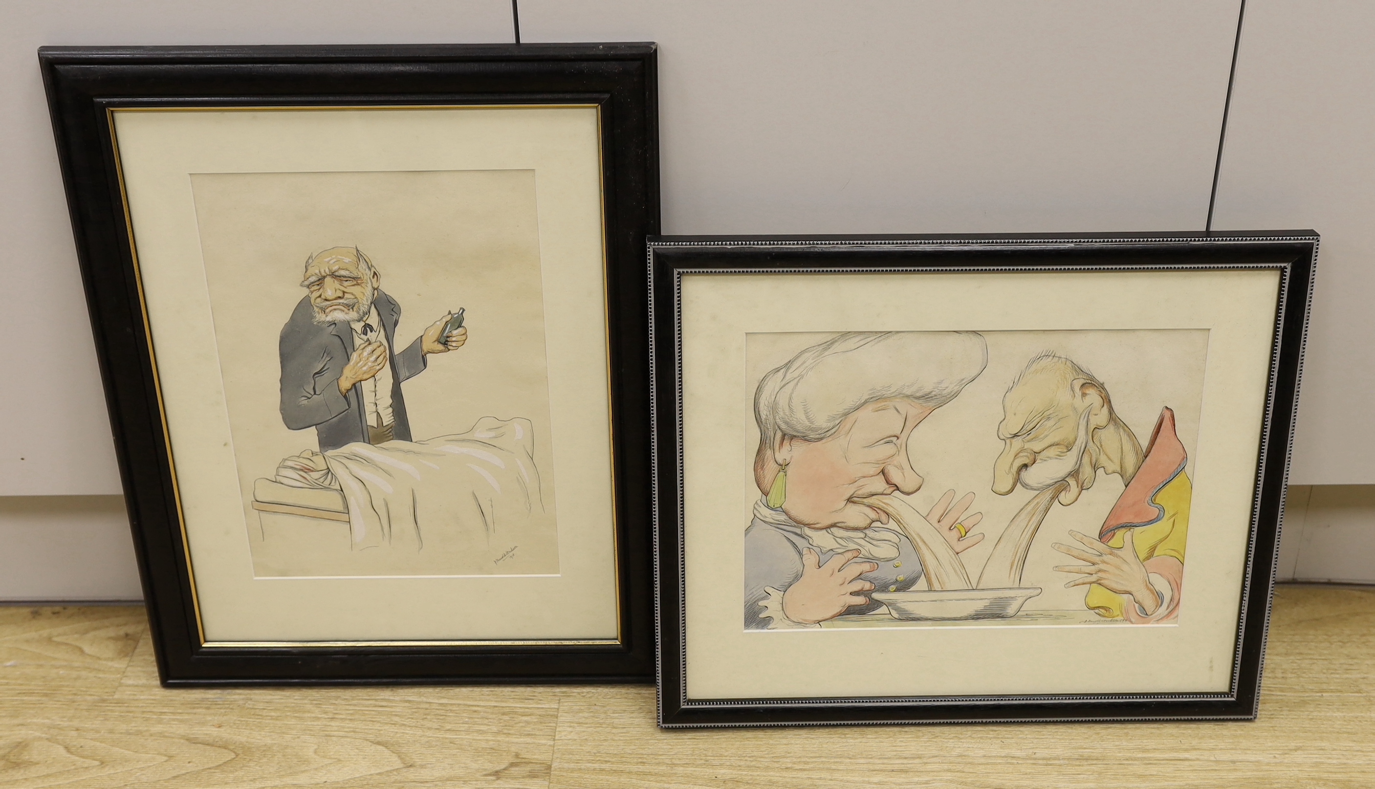 John Harold Hudson (19th/20th. C), two ink and watercolours, Caricatures, each signed and dated 1918 and 1919, 24 x 34cm